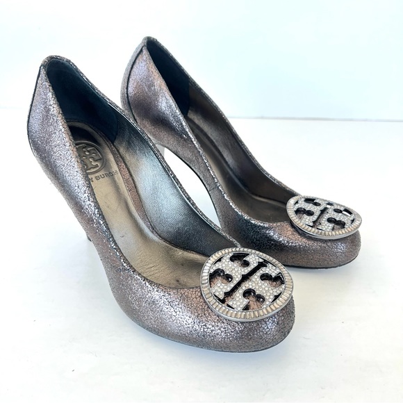 TORY BURCH Pierson-soft Embellished Logo Metallic Gray Leather Pump Heel Sz 7 M - Picture 11 of 11
